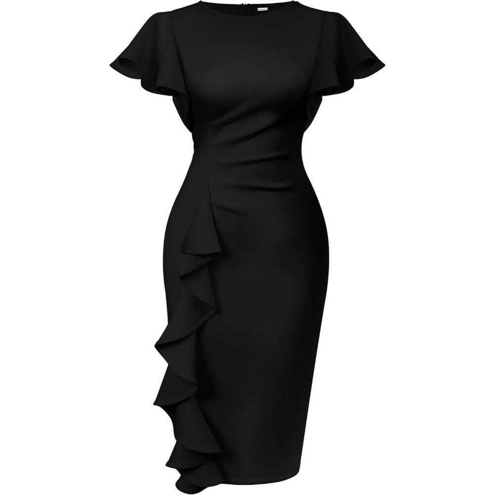 Women Black  Vintage Church Ruffle Sleeve Ruched Bodycon Work Midi Pencil Dress